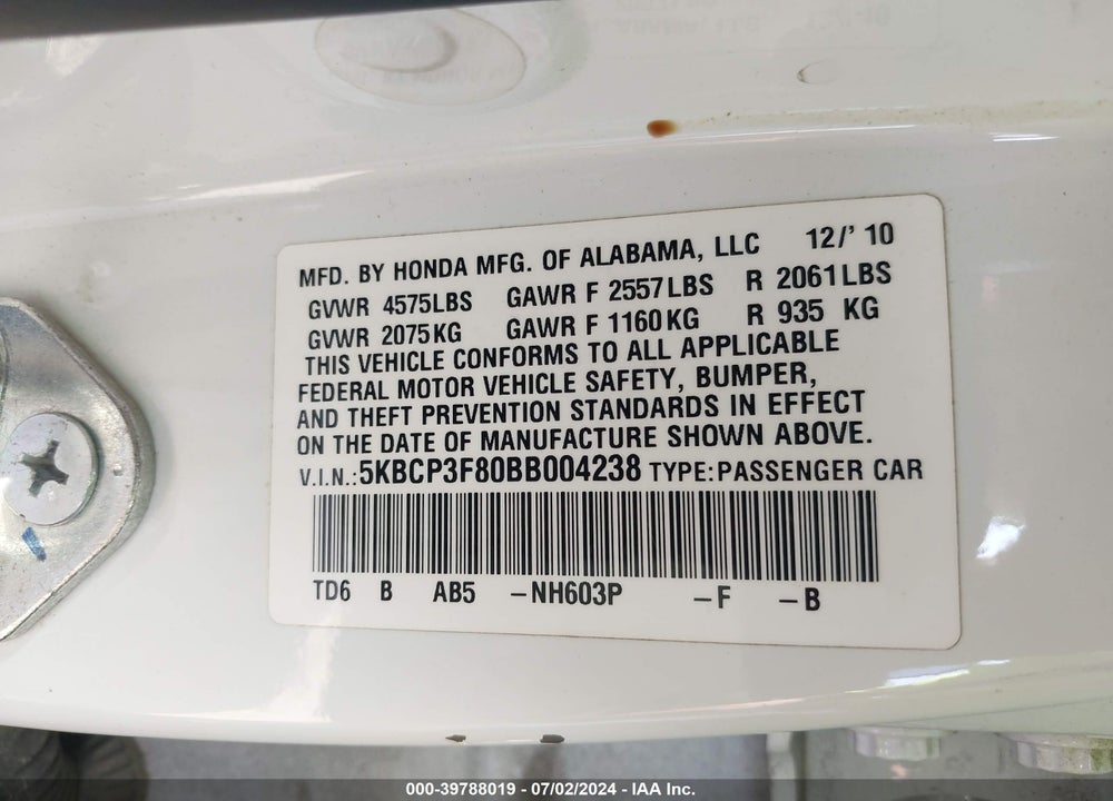 2011 HONDA ACCORD 3.5 EX-L VIN: 5KBCP3F80BB004238