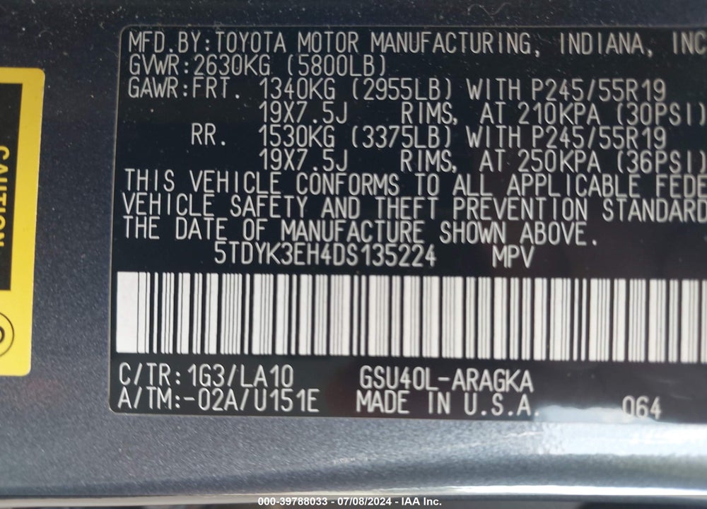 2013 TOYOTA HIGHLANDER LIMITED V6 VIN: 5TDYK3EH4DS135224