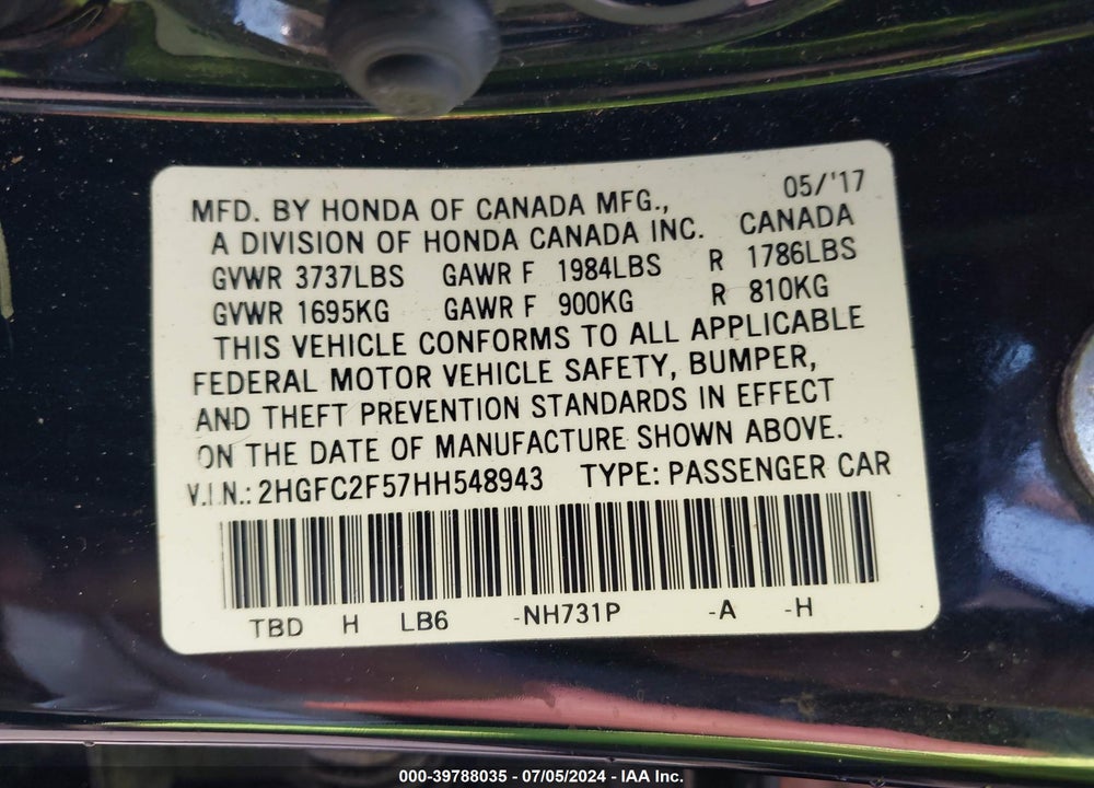 2017 HONDA CIVIC LX VIN: 2HGFC2F57HH548943