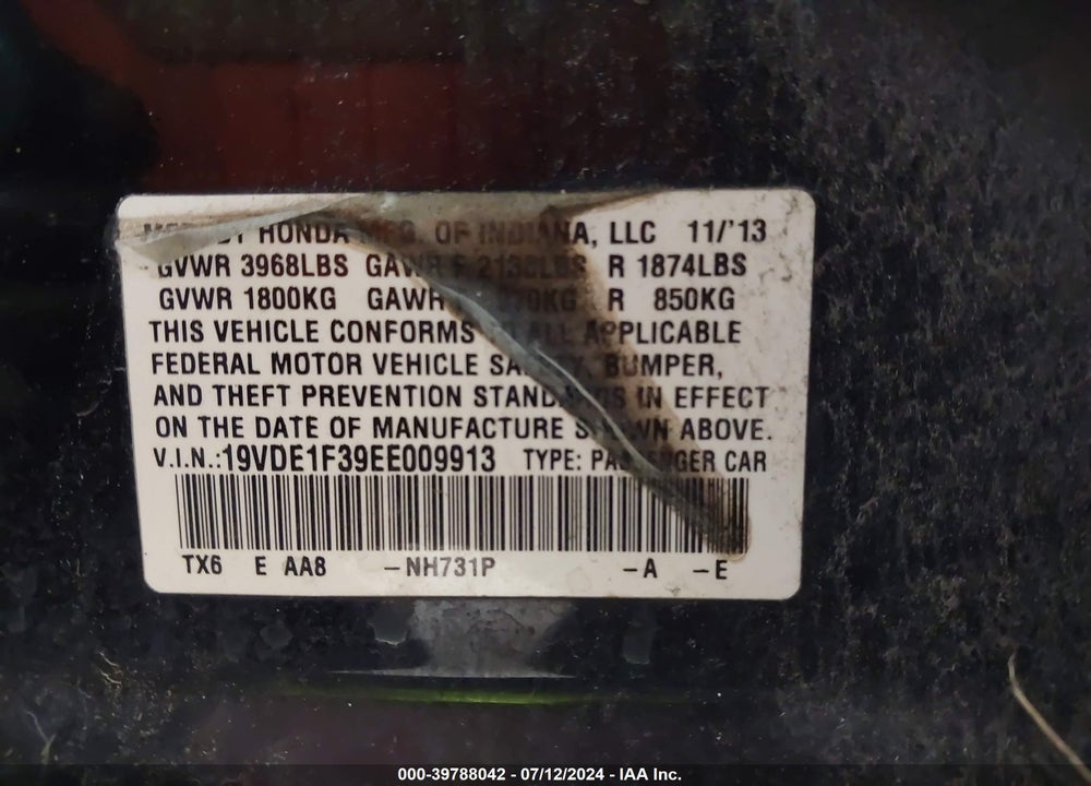 2014 ACURA ILX 2.0L VIN: 19VDE1F39EE009913