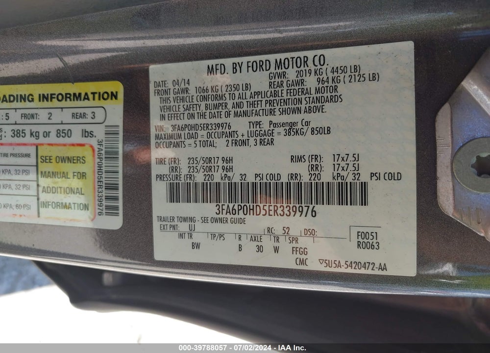 2014 FORD FUSION SE VIN: 3FA6P0HD5ER339976