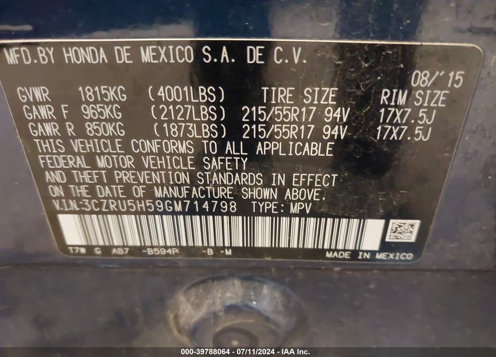 2016 HONDA HR-V EX VIN: 3CZRU5H59GM714798