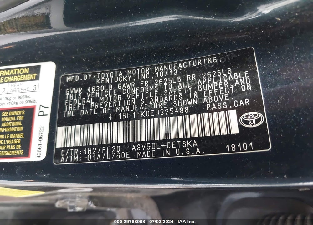 2014 TOYOTA CAMRY SE VIN: 4T1BF1FK0EU325488