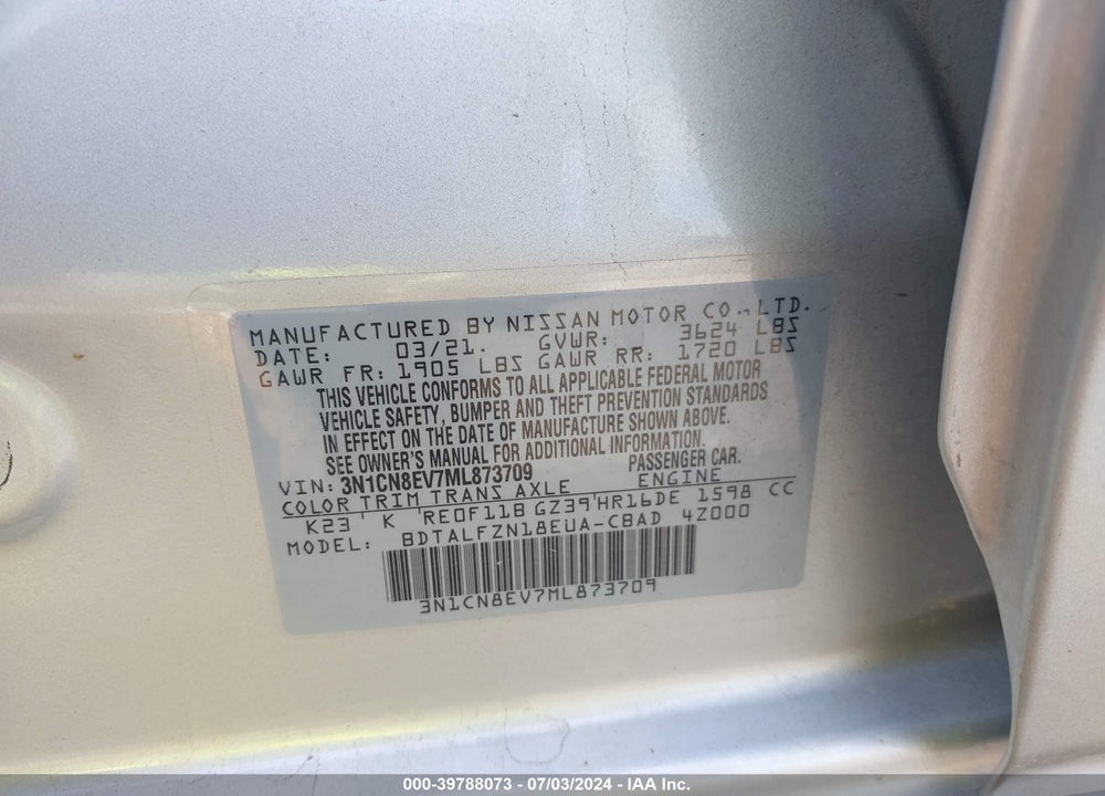 2021 NISSAN VERSA SV XTRONIC CVT VIN: 3N1CN8EV7ML873709