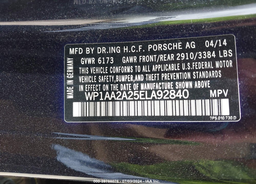 2014 PORSCHE CAYENNE VIN: WP1AA2A25ELA92840