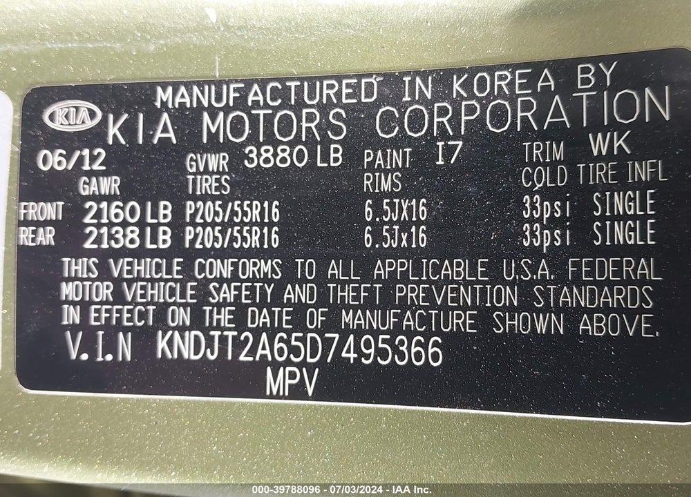 2013 KIA SOUL VIN: KNDJT2A65D7495366