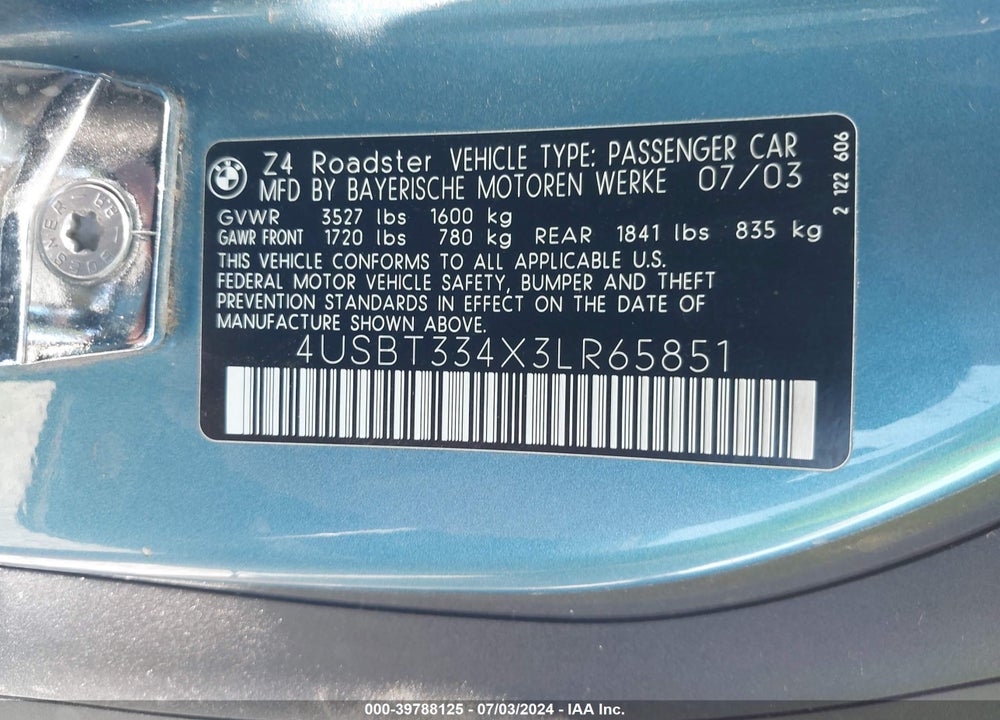 2003 BMW Z4 2.5I VIN: 4USBT334X3LR65851