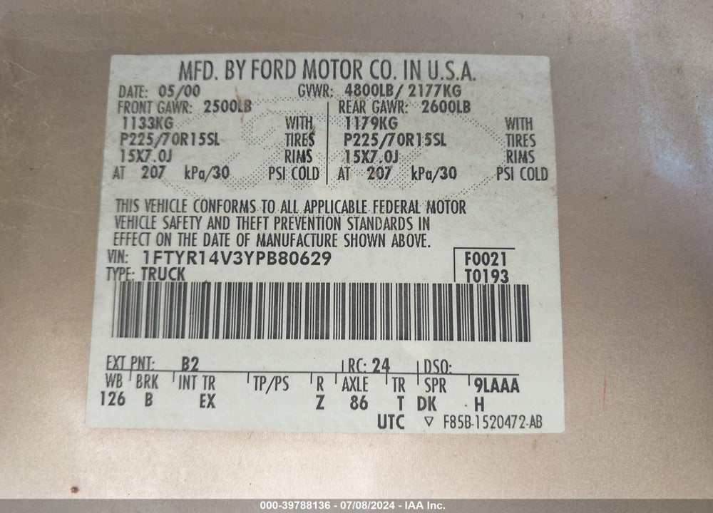 2000 FORD RANGER XL/XLT VIN: 1FTYR14V3YPB80629