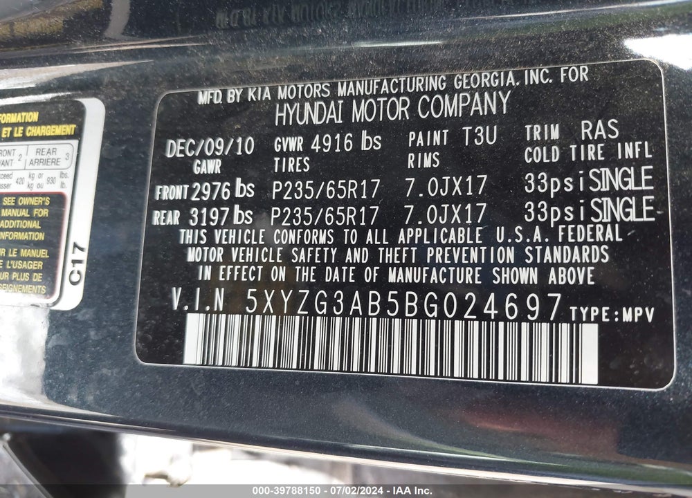 2011 HYUNDAI SANTA FE GLS VIN: 5XYZG3AB5BG024697