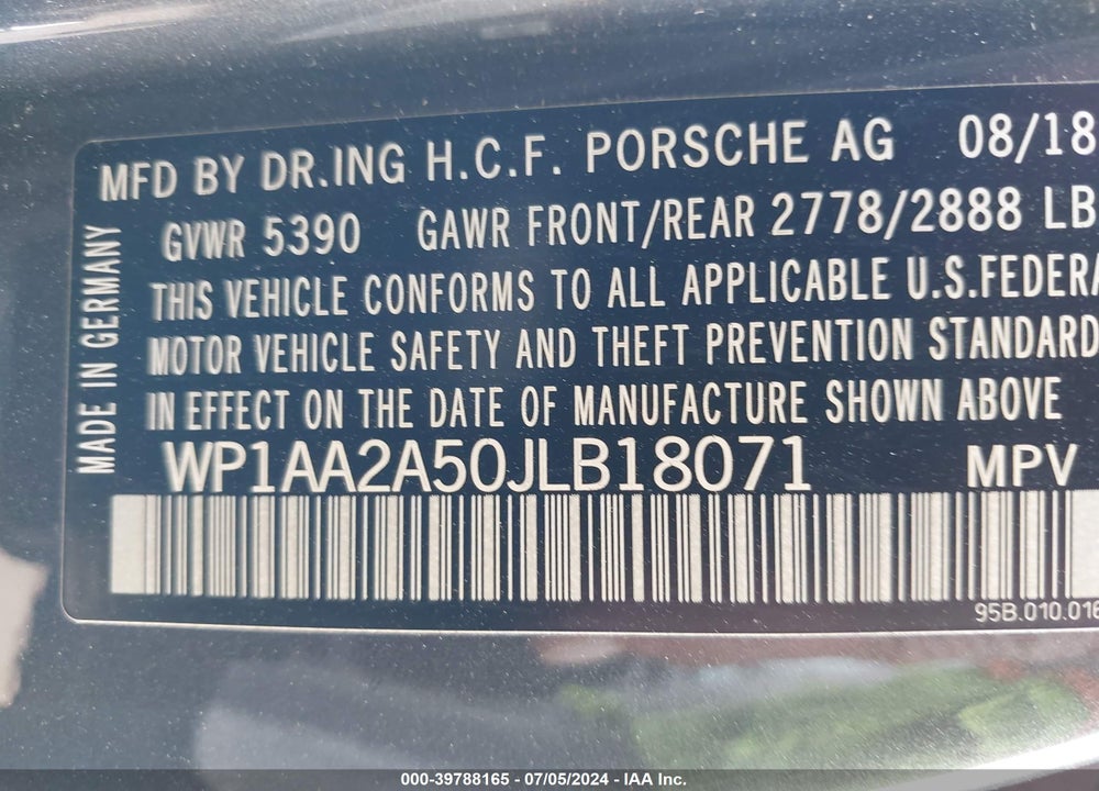 2018 PORSCHE MACAN VIN: WP1AA2A50JLB18071