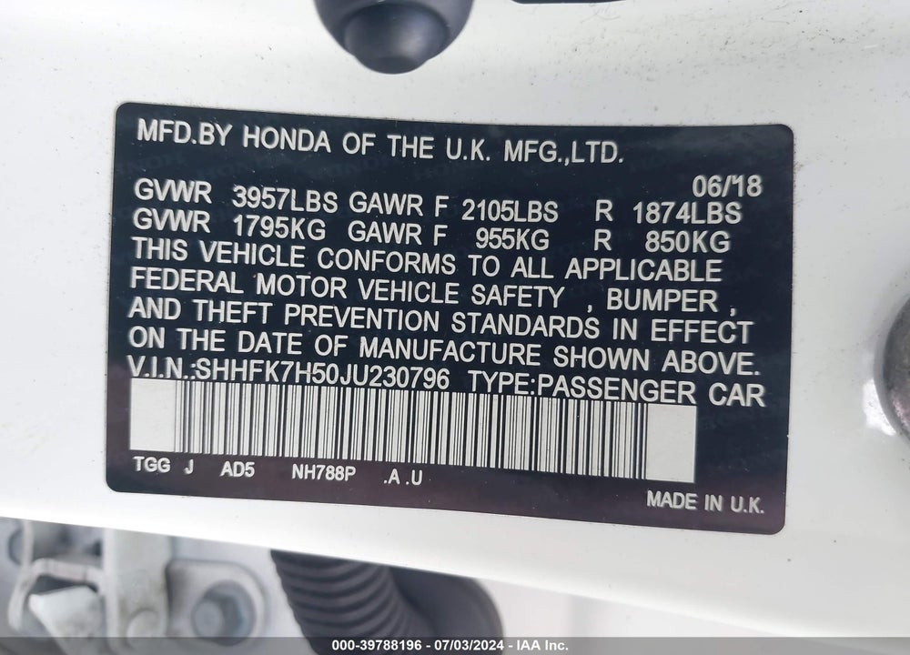 2018 HONDA CIVIC EX VIN: SHHFK7H50JU230796