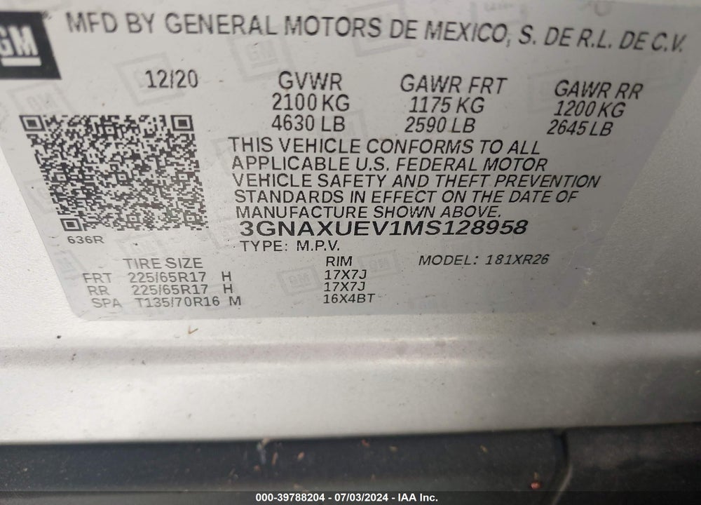 2021 CHEVROLET EQUINOX AWD LT VIN: 3GNAXUEV1MS128958