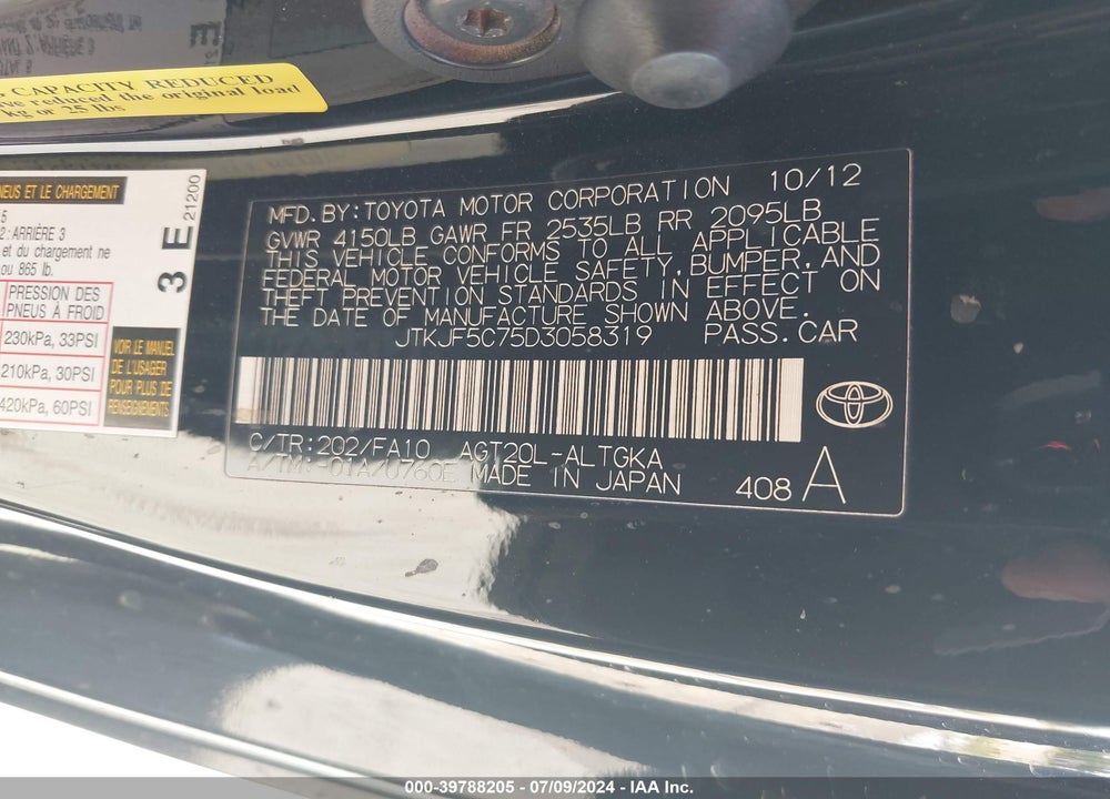 2013 SCION TC VIN: JTKJF5C75D3058319