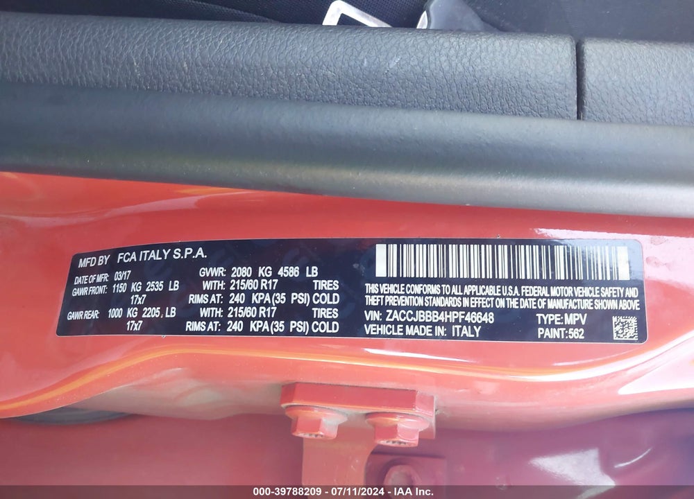 2017 JEEP RENEGADE LATITUDE 4X4 VIN: ZACCJBBB4HPF46648