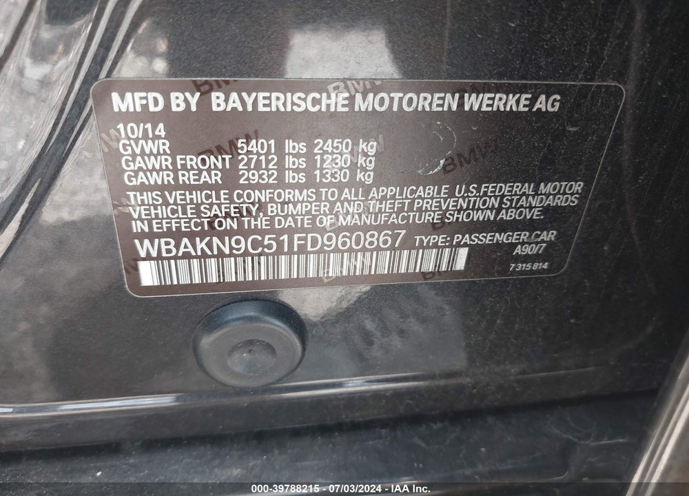 2015 BMW 550I VIN: WBAKN9C51FD960867