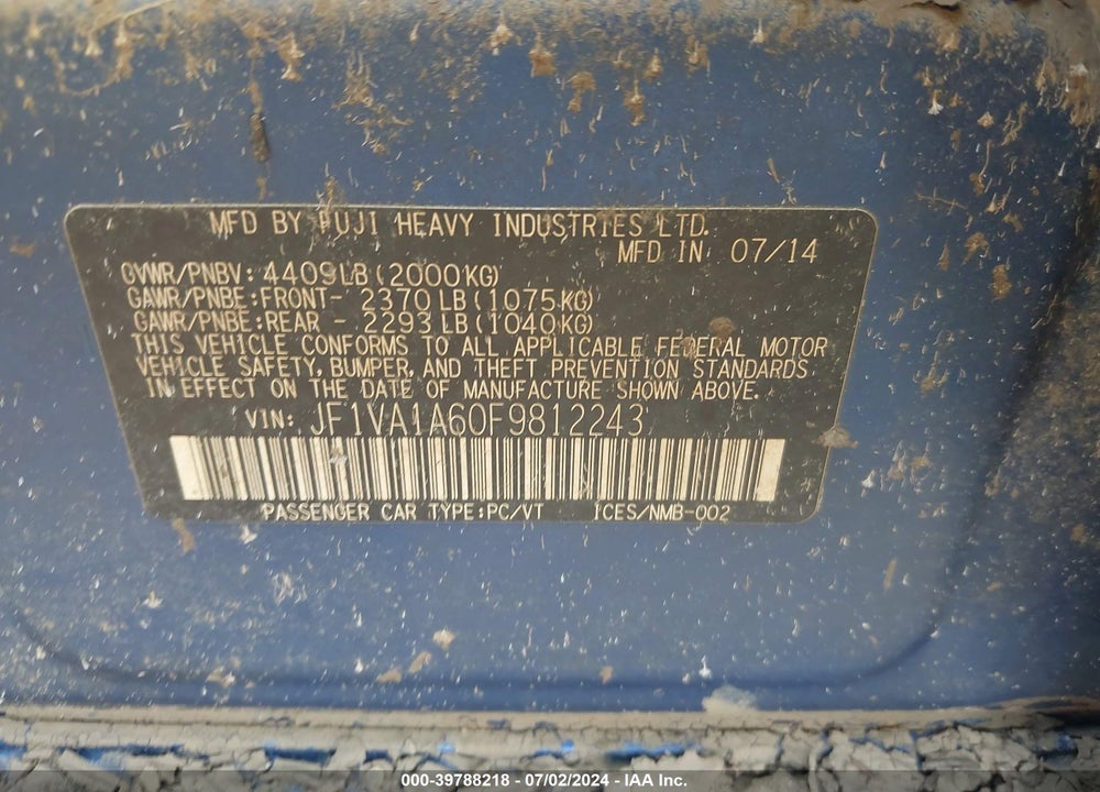 2015 SUBARU WRX VIN: JF1VA1A60F9812243