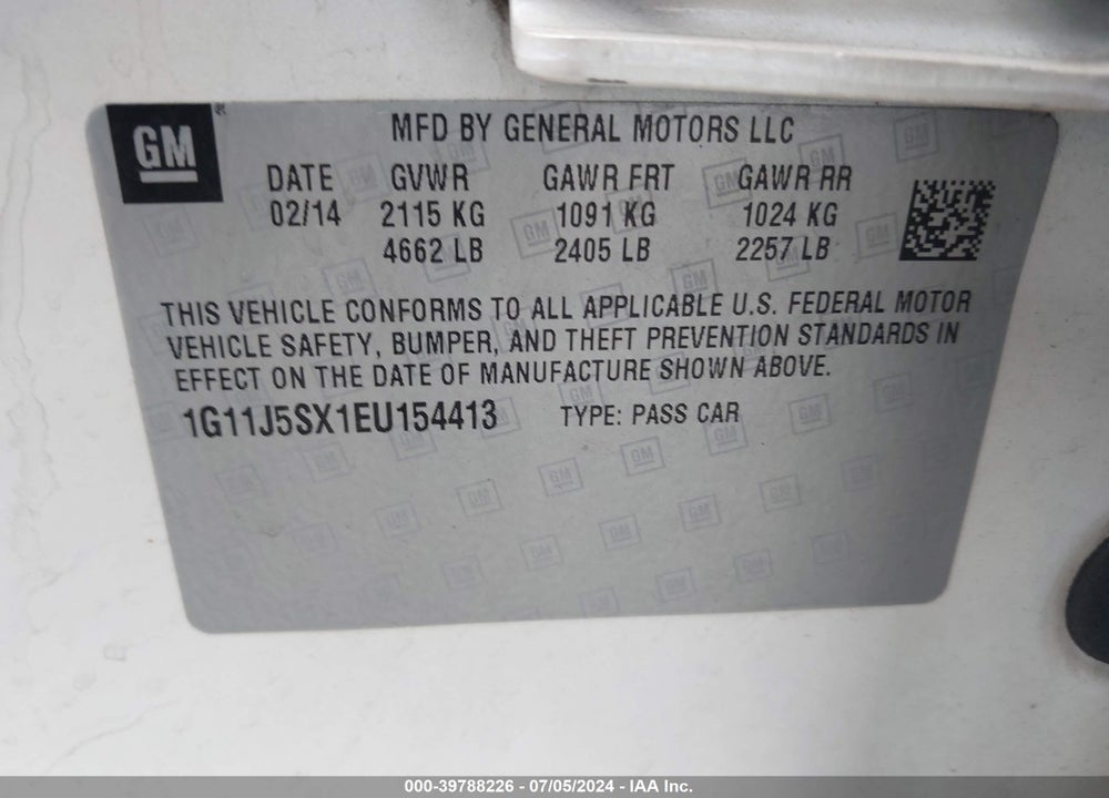 2014 CHEVROLET MALIBU 2LZ VIN: 1G11J5SX1EU154413