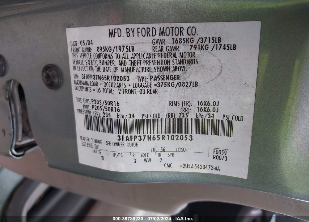 2005 FORD FOCUS ZX5 VIN: 3FAFP37N65R102053