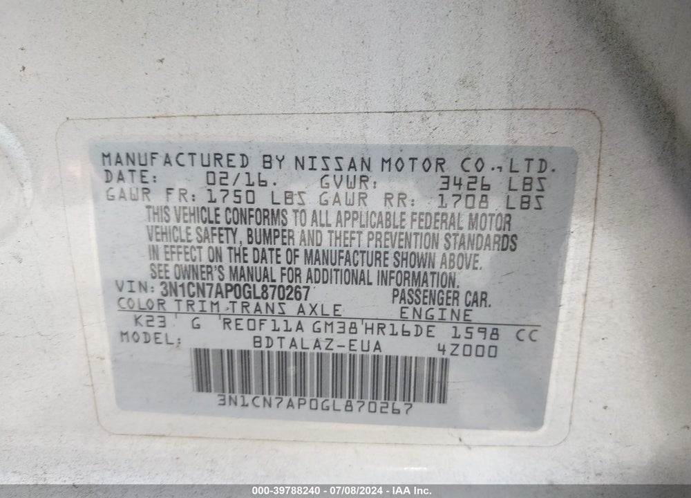 2016 NISSAN VERSA VIN: 3N1CN7AP0GL870267