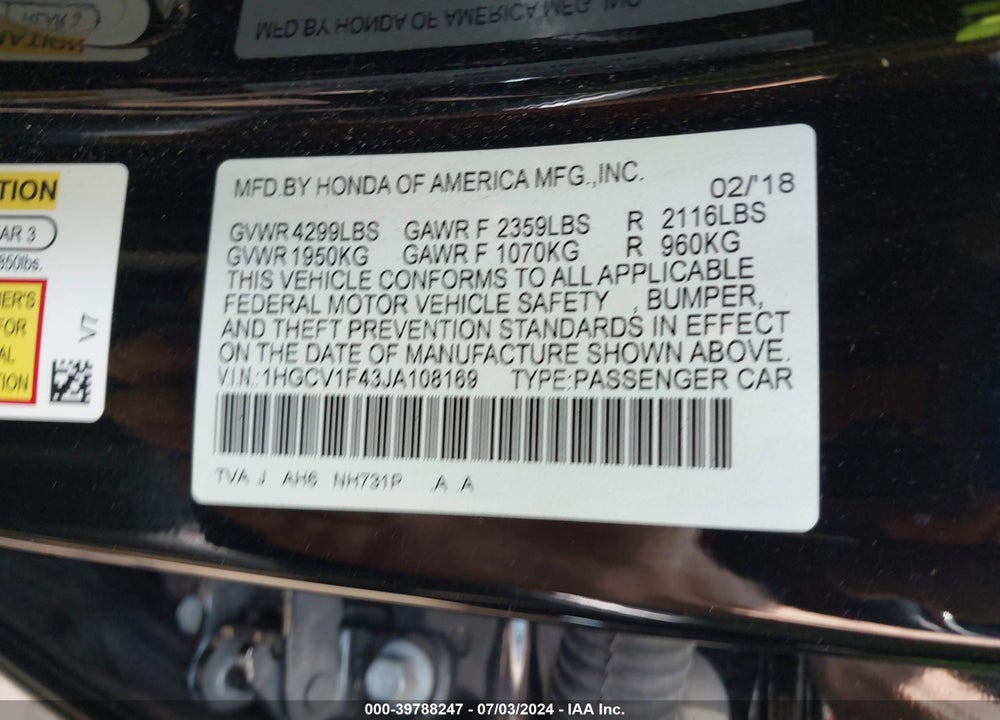 2018 HONDA ACCORD EX VIN: 1HGCV1F43JA108169