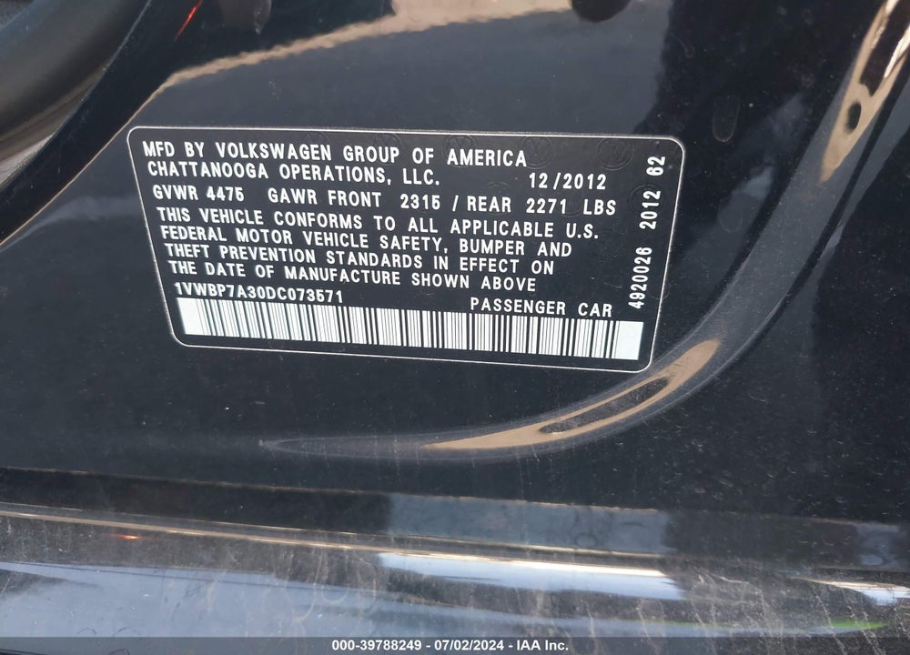 2013 VOLKSWAGEN PASSAT 2.5L SE VIN: 1VWBP7A30DC073571