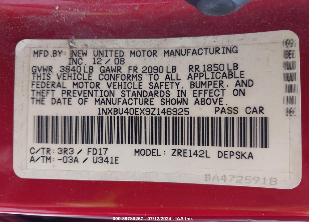 2009 TOYOTA COROLLA S VIN: 1NXBU40EX9Z146925