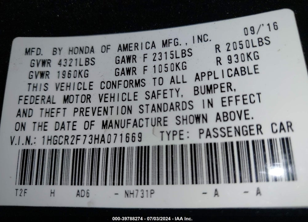 2017 HONDA ACCORD EX VIN: 1HGCR2F73HA071669