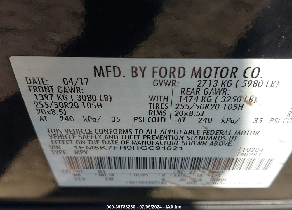 2017 FORD EXPLORER LIMITED VIN: 1FM5K7FH9HGC91621