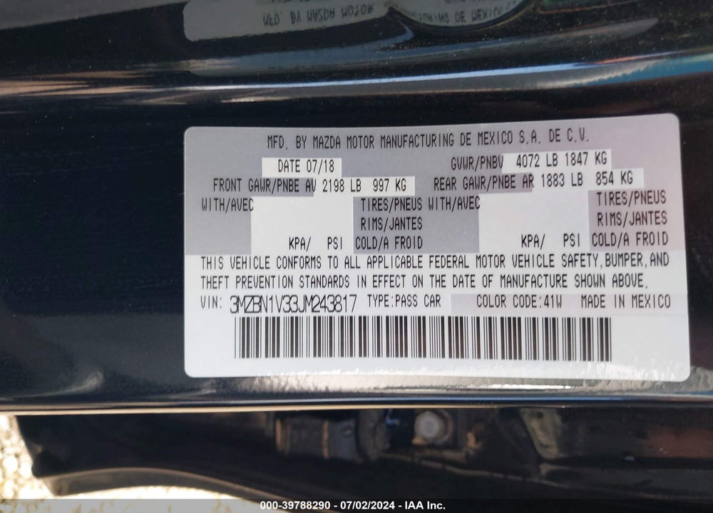 2018 MAZDA 3 TOURING VIN: 3MZBN1V33JM243817