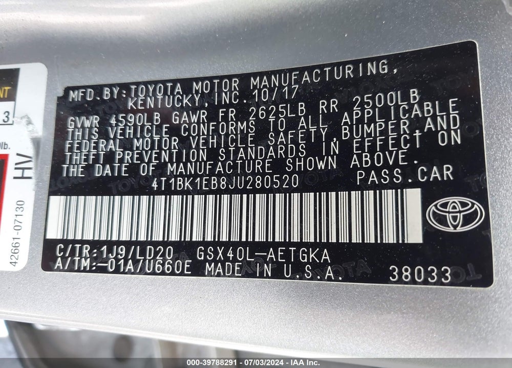 2018 TOYOTA AVALON XLE VIN: 4T1BK1EB8JU280520