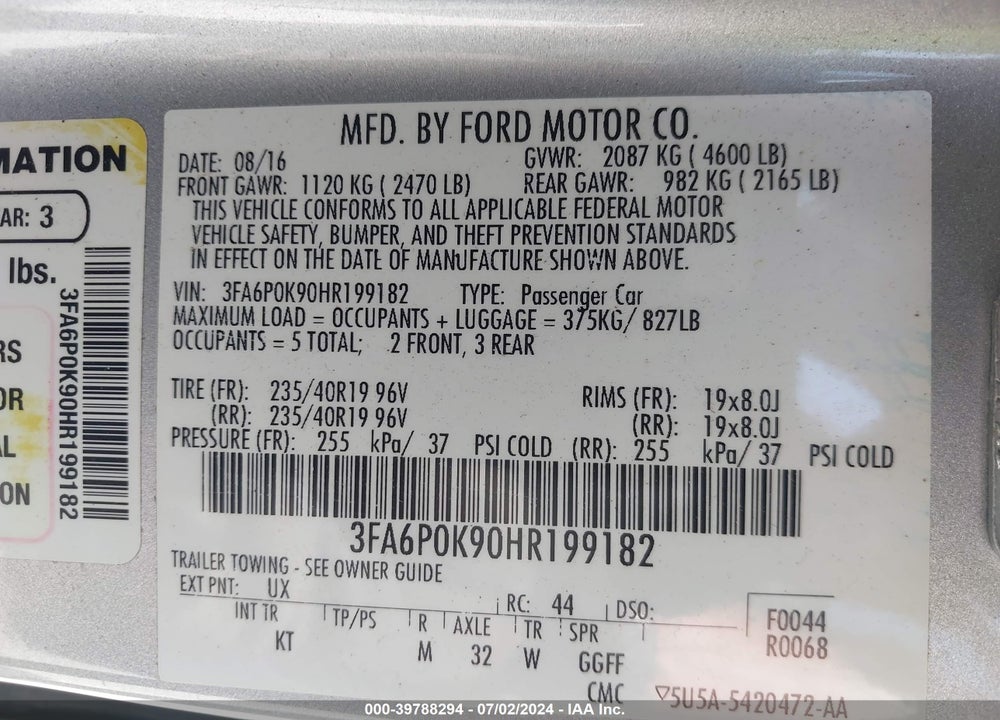 2017 FORD FUSION TITANIUM VIN: 3FA6P0K90HR199182