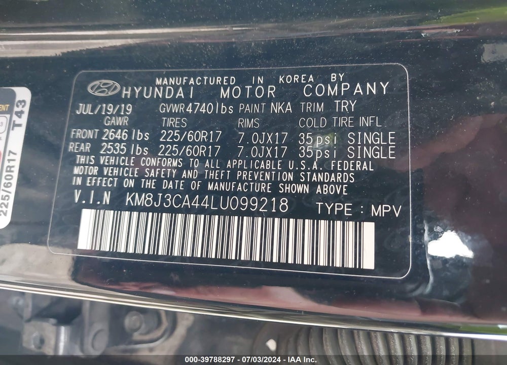 2020 HYUNDAI TUCSON VALUE VIN: KM8J3CA44LU099218