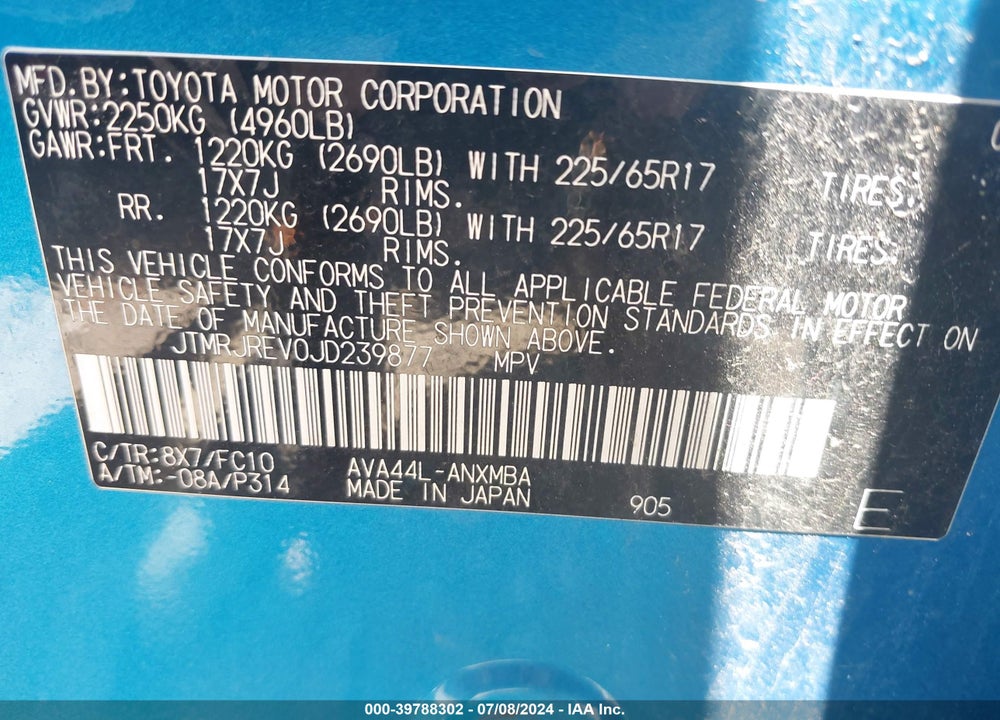 2018 TOYOTA RAV4 HYBRID LE VIN: JTMRJREV0JD239877