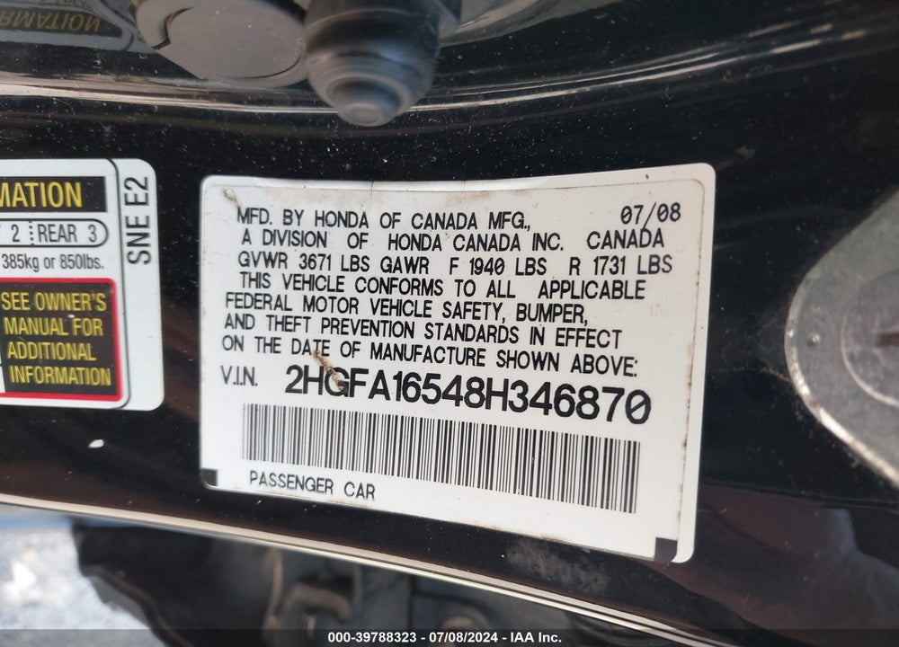 2008 HONDA CIVIC LX VIN: 2HGFA16548H346870