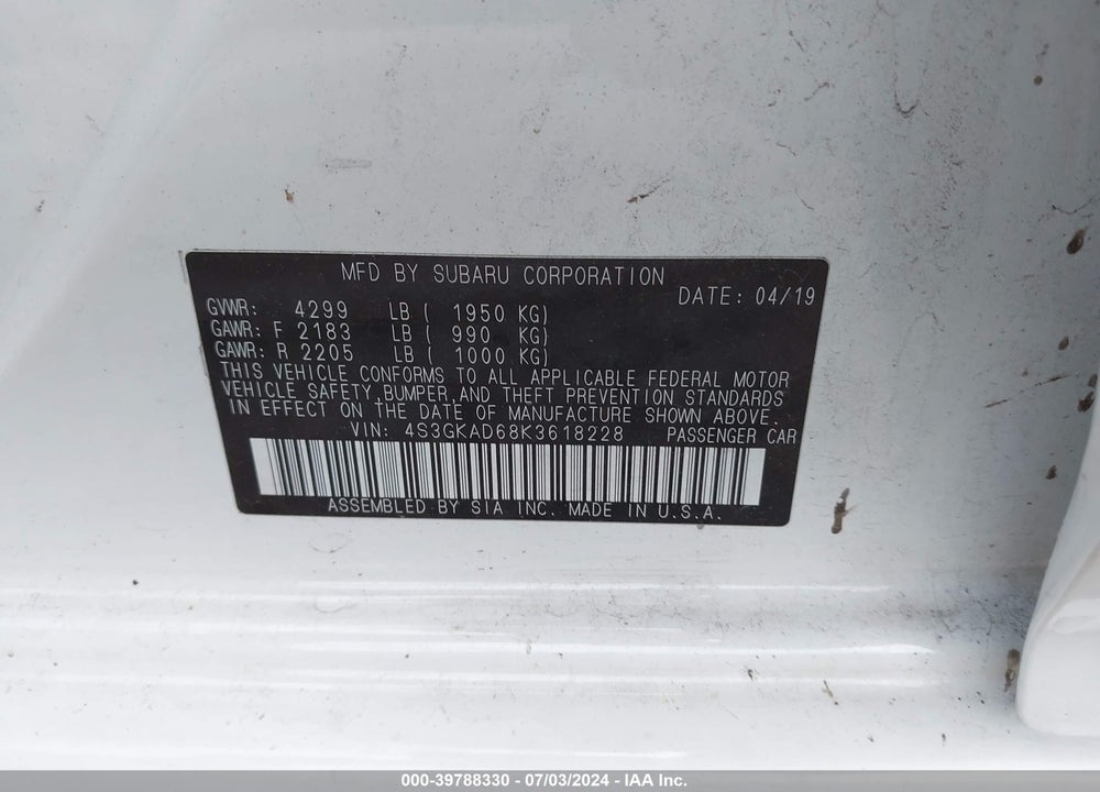 2019 SUBARU IMPREZA 2.0I PREMIUM VIN: 4S3GKAD68K3618228