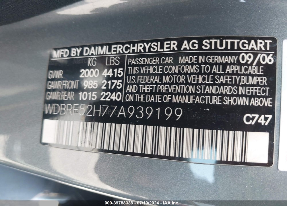 2007 MERCEDES-BENZ C 230 SPORT VIN: WDBRF52H77A939199