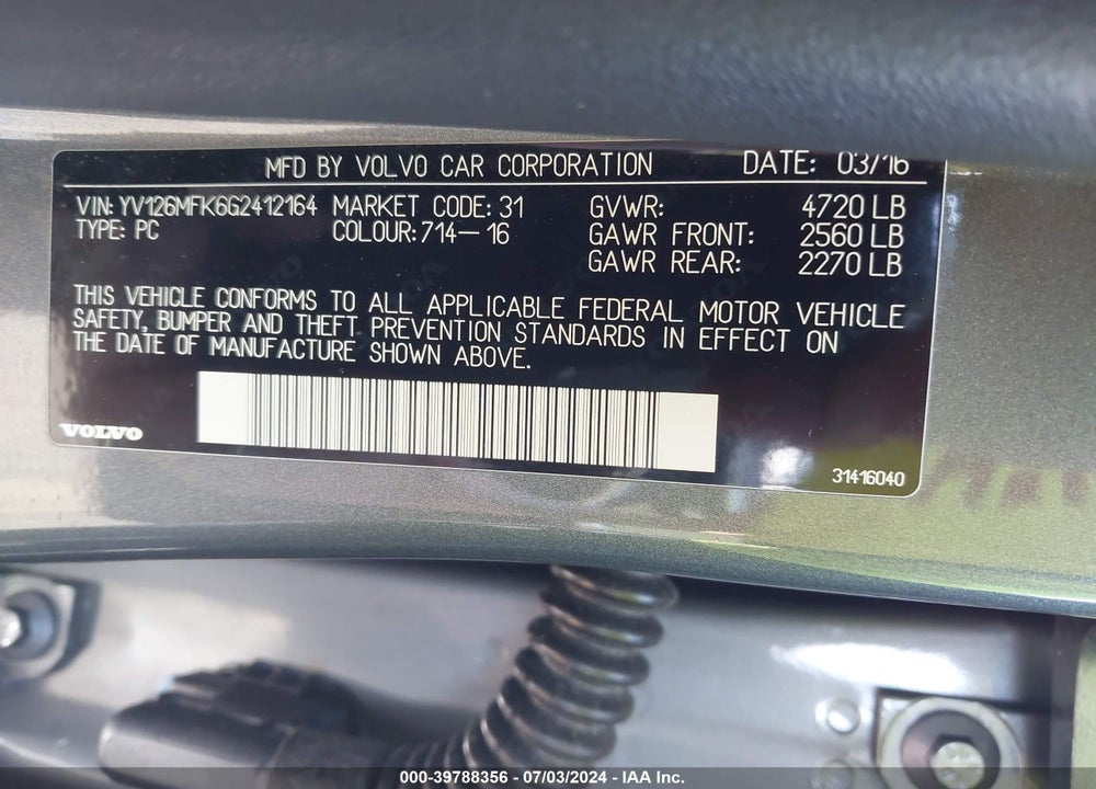 2016 VOLVO S60 T5 DRIVE-E PREMIER VIN: YV126MFK6G2412164