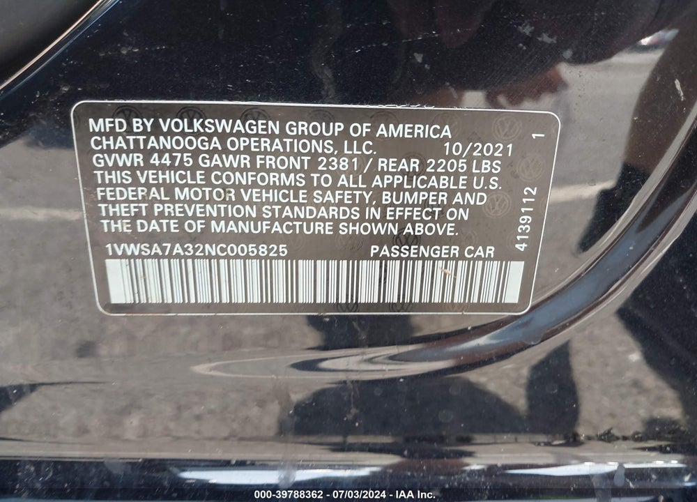 2022 VOLKSWAGEN PASSAT 2.0T SE VIN: 1VWSA7A32NC005825