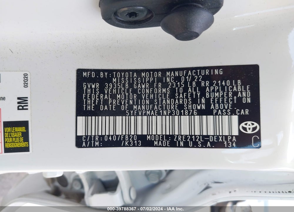 2022 TOYOTA COROLLA LE VIN: 5YFVPMAE1NP301876