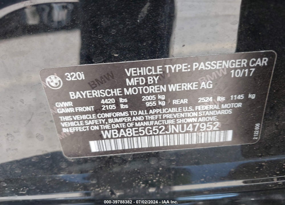 2018 BMW 320I XDRIVE VIN: WBA8E5G52JNU47952