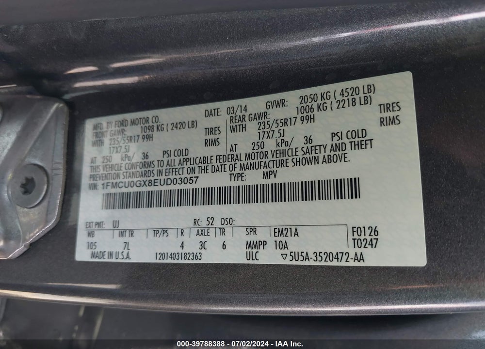 2014 FORD ESCAPE SE VIN: 1FMCU0GX8EUD03057