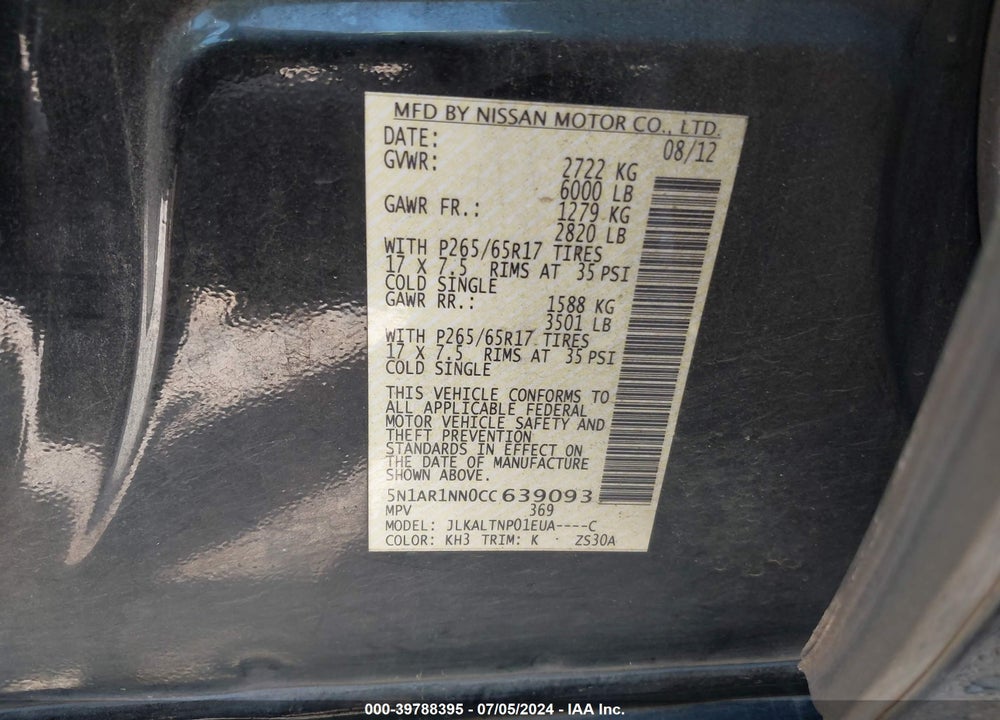 2012 NISSAN PATHFINDER SV VIN: 5N1AR1NN0CC639093