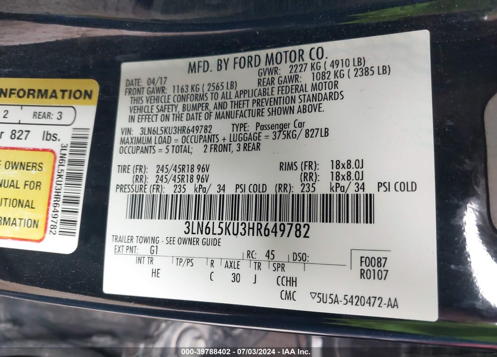 2017 LINCOLN MKZ HYBRID PREMIERE VIN: 3LN6L5KU3HR649782