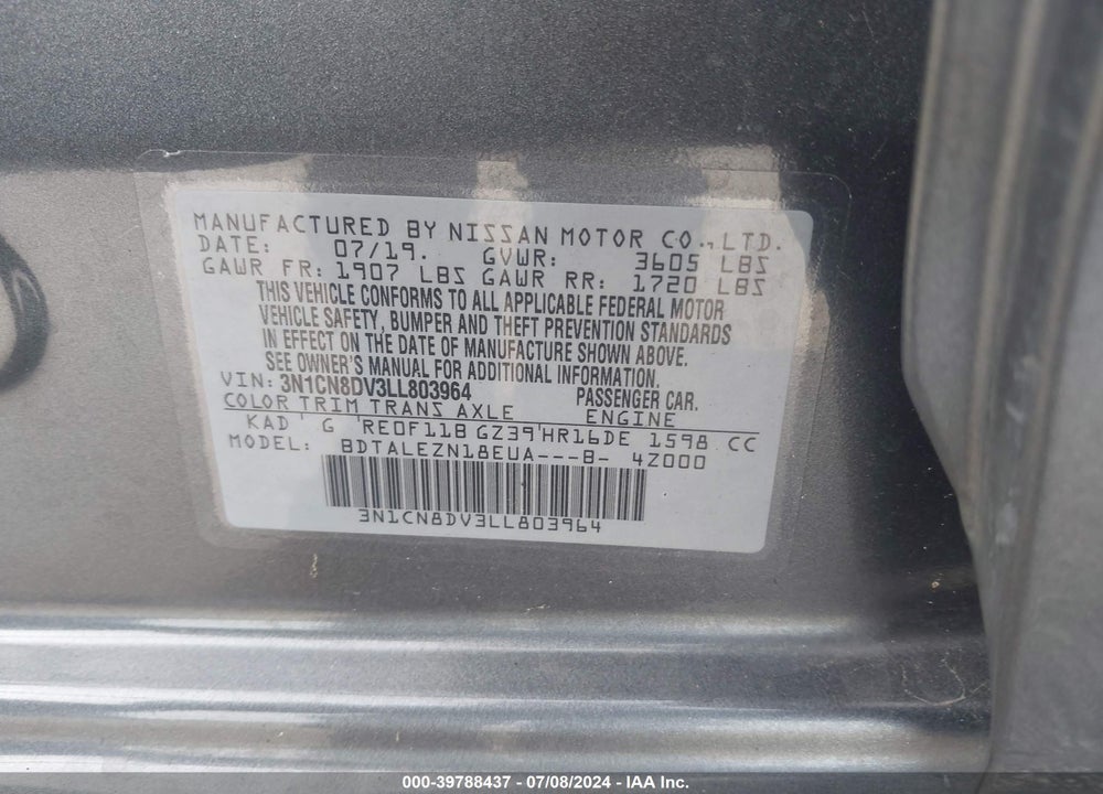 2020 NISSAN VERSA S XTRONIC CVT VIN: 3N1CN8DV3LL803964