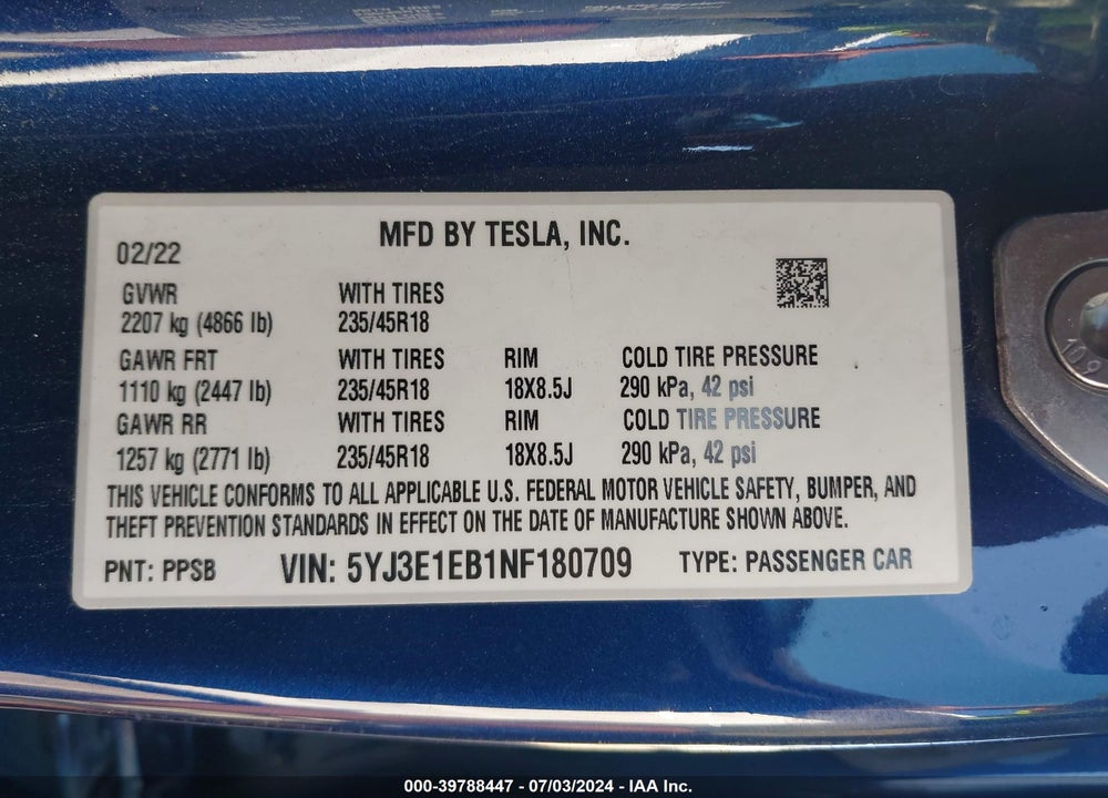 2022 TESLA MODEL 3 LONG RANGE DUAL MOTOR ALL-WHEEL DRIVE VIN: 5YJ3E1EB1NF180709