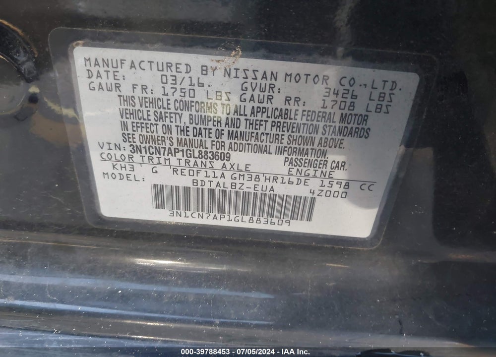 2016 NISSAN VERSA 1.6 SV VIN: 3N1CN7AP1GL883609