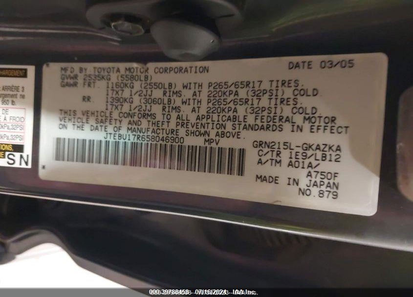 2005 TOYOTA 4RUNNER LIMITED V6 VIN: JTEBU17R658046900