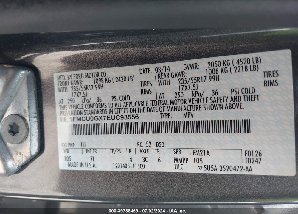 2014 FORD ESCAPE SE VIN: 1FMCU0GX7EUC93556