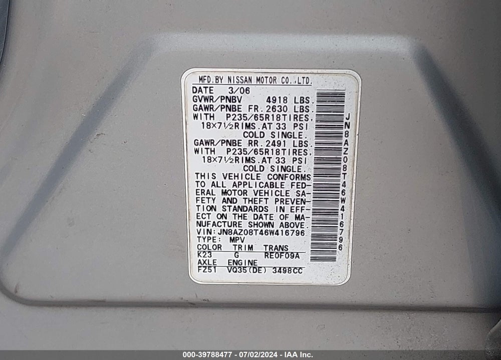 2006 NISSAN MURANO SL/SE/S VIN: JN8AZ08T46W416796
