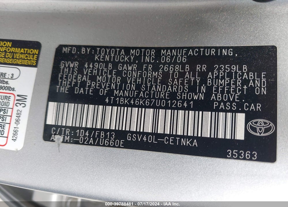 2007 TOYOTA CAMRY LE V6 VIN: 4T1BK46K67U012641